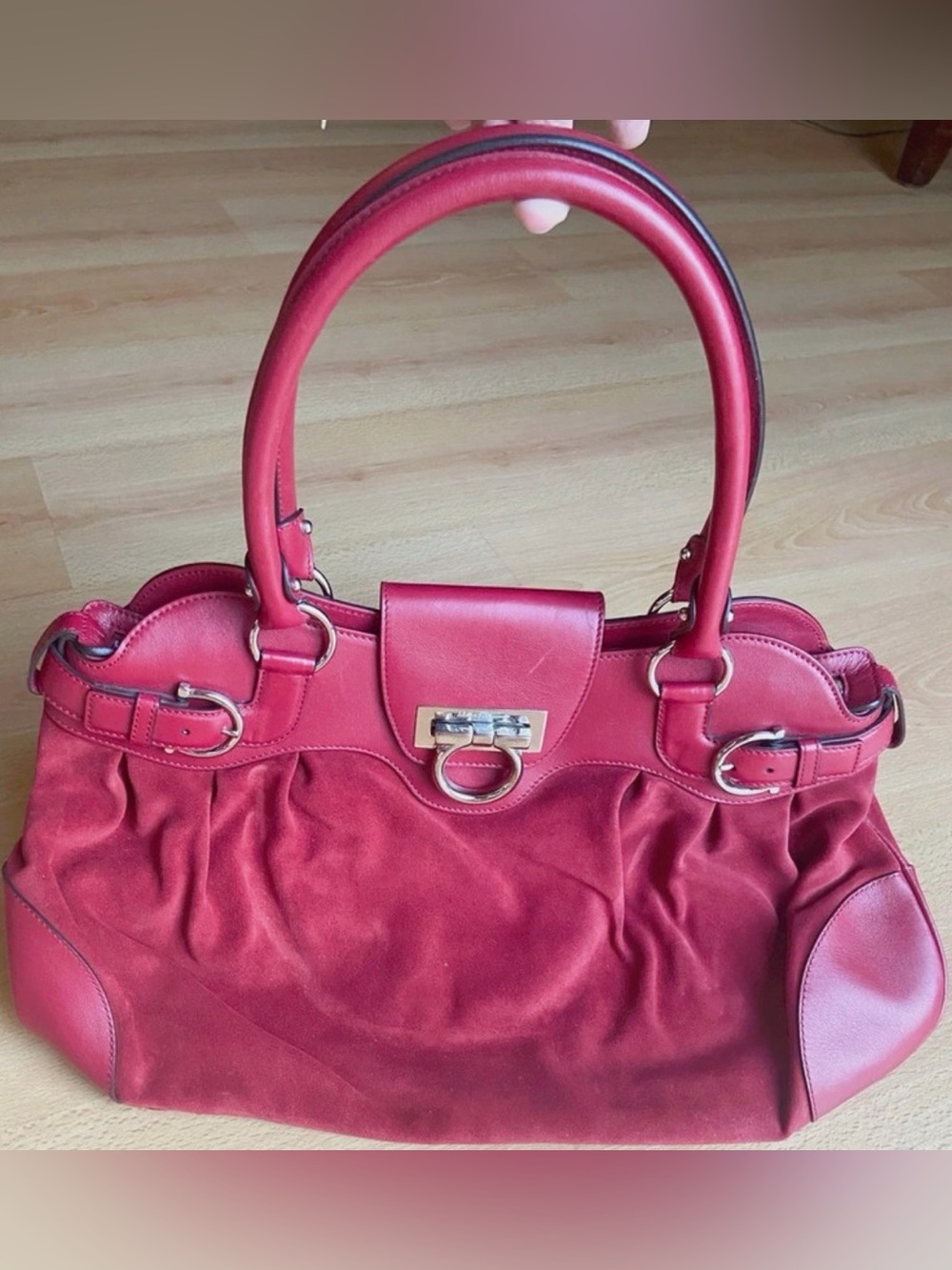 Salvatore Ferragamo Red Leather & Suede Shoulder Bag
